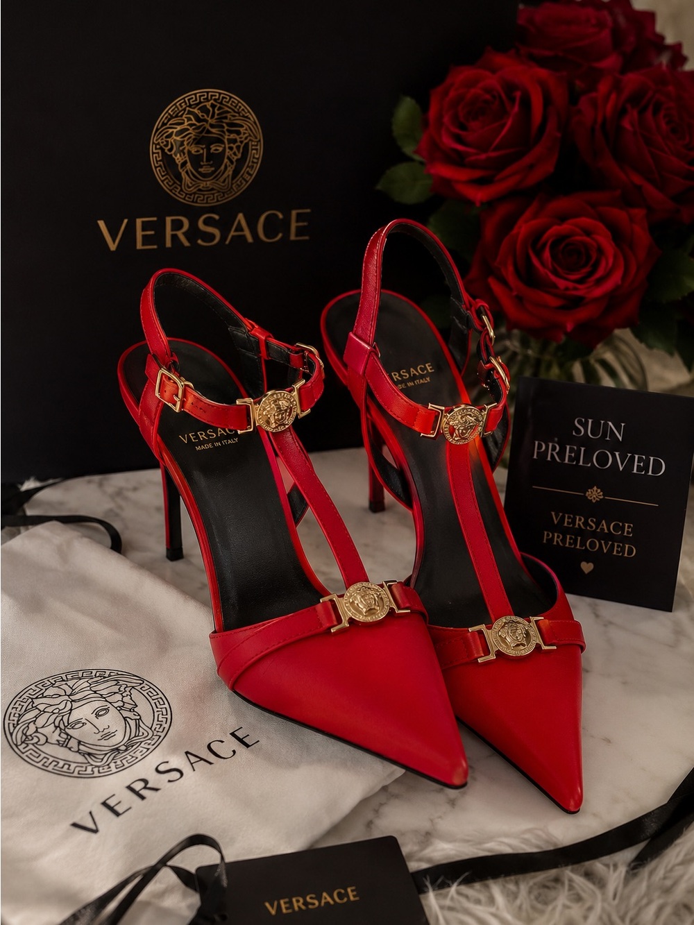 Versace Red Leather T-Strap Stiletto Heels with Gold Medusa
